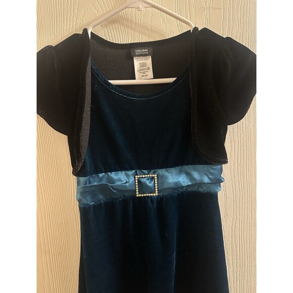 Holiday Editions Girls Fancy Christmas Dress Modest Teal Blue Velvet Size 7/8 - Picture 2 of 4